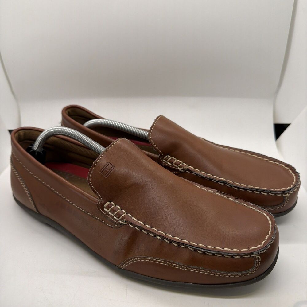 Tommy Hilfiger Mens Sz 10.5 Brown Leather Loafers Casual Comfort Slip On Shoes